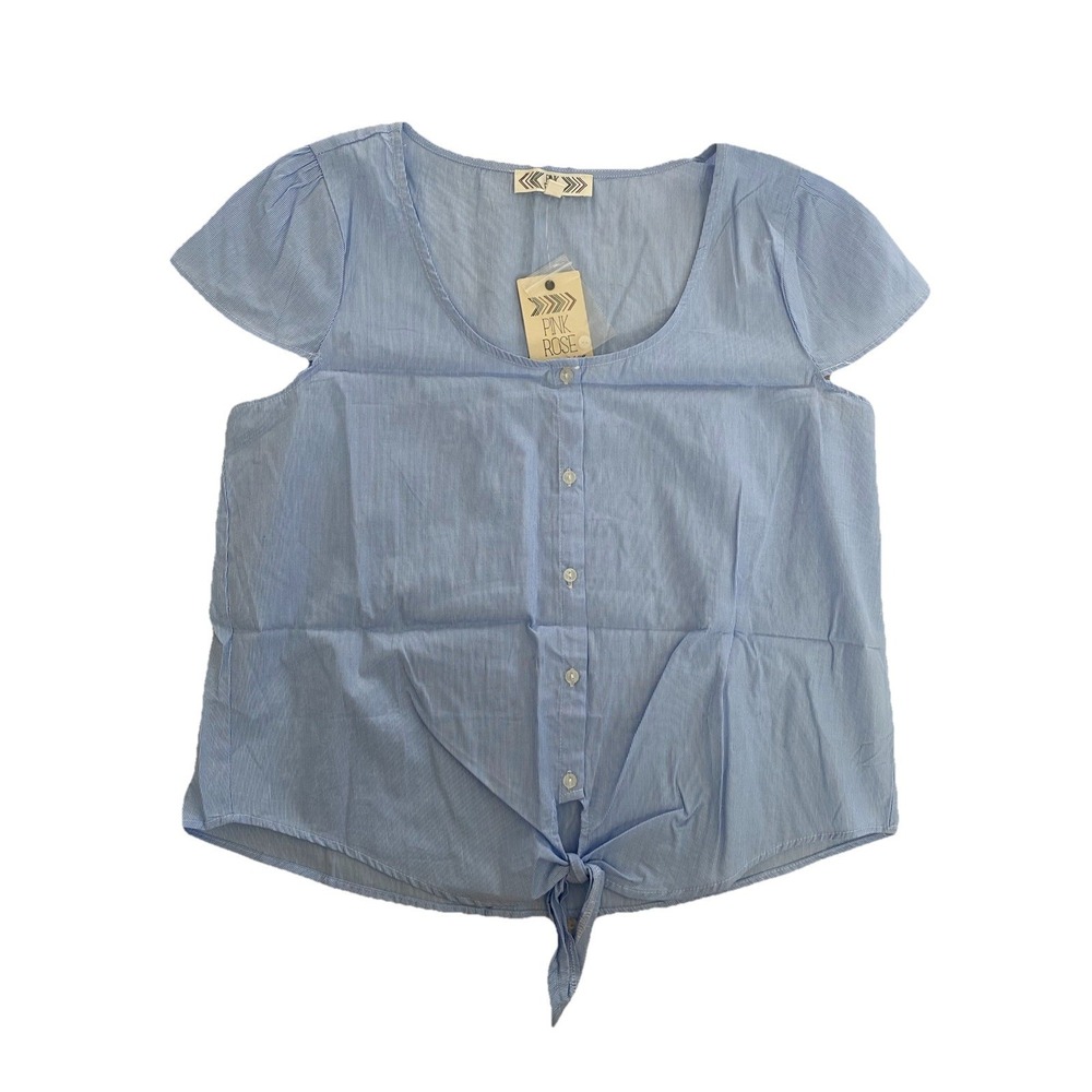 New Pink Rose Women's XL Blue Striped Cotton Short Sleeve Blouse with‎ Bow Tie